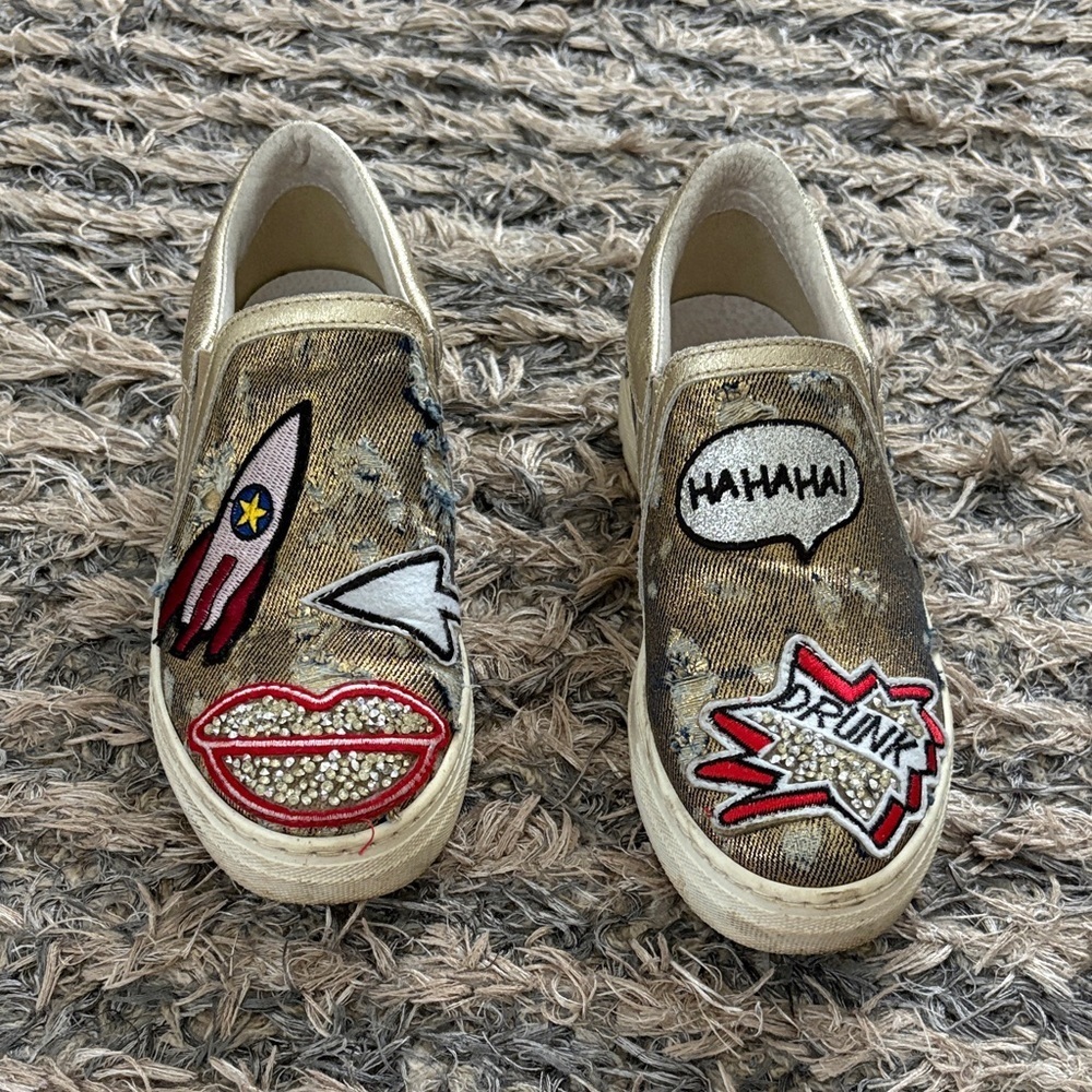 Gold Leather Jeans Slip-On Sneakers with Fun Embroidered Crystal Patches Size 6